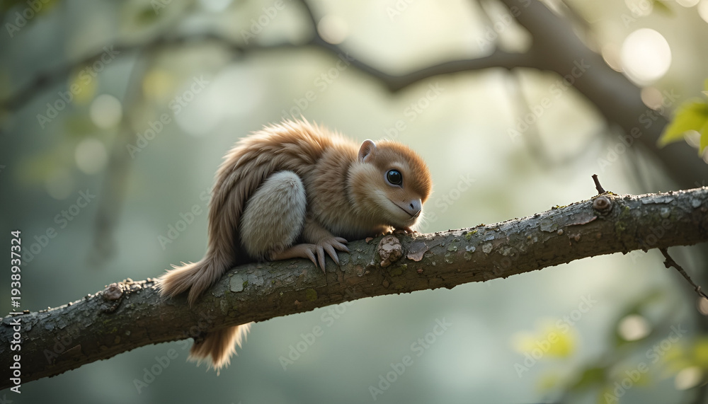 Fototapeta premium A small squirrel sits on a tree branch in a forest