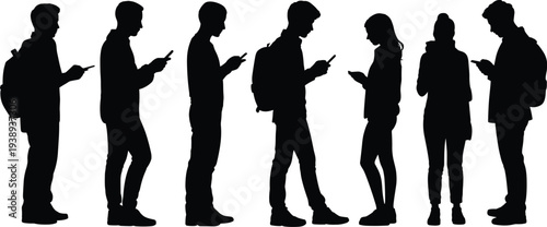 People using smartphone silhouette set, men and women texting on mobile phones showing modern communication technology and digital lifestyle
