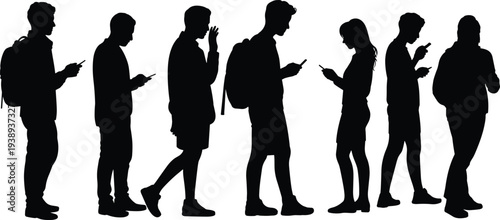People using smartphone silhouettes, men and women texting on mobile phones with backpacks representing modern communication technology and digital lifestyle