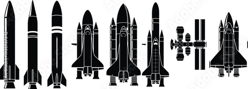 Rocket and space shuttle silhouette vector set, spacecraft launch vehicles and satellite collection isolated on white background, aerospace technology illustration