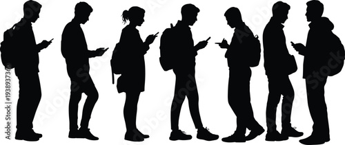 People using smartphone silhouette collection, men and women with backpacks texting on mobile phones representing modern communication technology concept