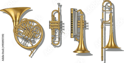 Brass and wind instruments, French horn, trumpet, harmonica, cornet, trombone, music clipart, orchestra tools, band illustration, sound icons