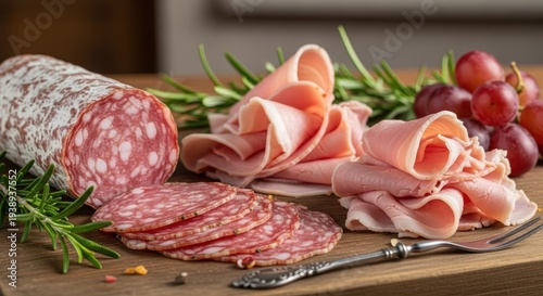 Delicious charcuterie board featuring salami, ham, and grapes.