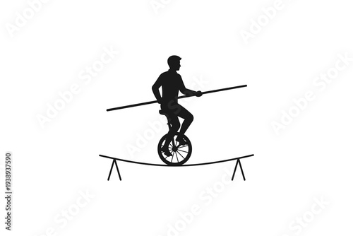 Unicyclist balancing on a tightrope with a pole silhouette