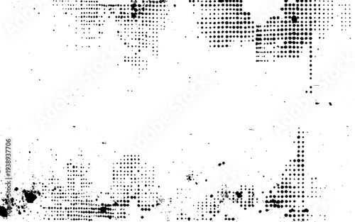 Grunge halftone vector texture overlay. Monochrome abstract splattered background. Vector illustration
