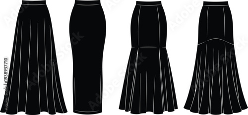 Women skirt silhouette vector set, long elegant fashion skirts collection isolated on white background, apparel clothing design illustration for fashion template