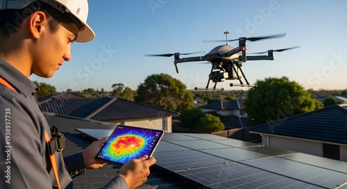 Professional Technician Using Tablet and Drone for Residential Solar Panel Maintenance