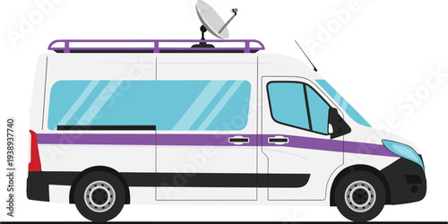 Broadcast van illustration, satellite dish vehicle, mobile media unit, communication truck, cartoon style, news coverage, emergency response, purple stripe, white van