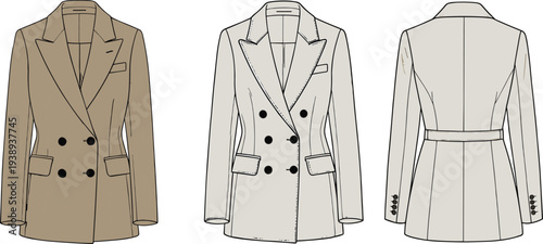 Women's double breasted tailored blazer technical fashion flat sketch, front and back view, belted long sleeve coat illustration
