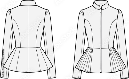 Women's tailored peplum jacket technical fashion flat sketch, front and back view, long sleeve structured silhouette illustration detailed cad drawing