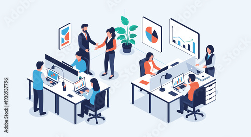 Modern isometric office workspace with professional employees working at desks and engaging in business discussions.