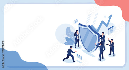 Collaborative business team working together to hold a large defensive shield for corporate security and data protection.