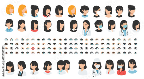 Large set of female character avatars featuring diverse hairstyles, facial features, and protective medical face masks.