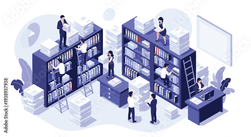 Active isometric workspace showing many employees organizing large stacks of documents and files in a massive archive library.