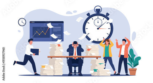 Overwhelmed office employee struggling with a heavy workload and tight deadlines while coworkers show expressions of stress.