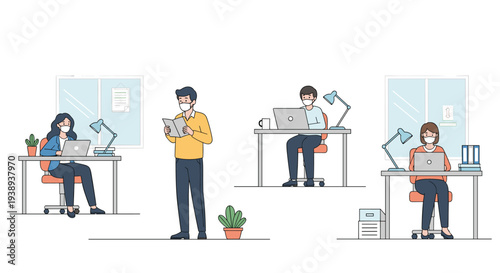 Modern office environment where employees are working at their desks while wearing protective face masks for safety.