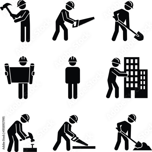 Construction worker silhouette icon set showing builders using hammer, saw, shovel and blueprint, industrial labor and building activity pictogram collection