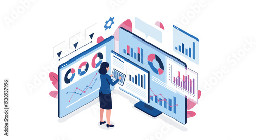 Professional businesswoman analyzing complex financial data and marketing trends on multiple large digital display screens.