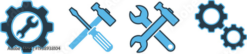 Mechanical tools and gear icons set including wrench, hammer and screwdriver, engineering maintenance symbols for repair service, industrial equipment vector illustration