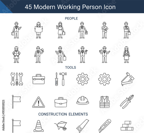 Modern construction workers and tools line icon set including engineers, builders, safety helmets, wrench, hammer and equipment symbols for industrial engineering design projects
