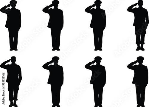 Collection of eight diverse black silhouette figures of soldiers in uniform saluting, isolated on a white background.