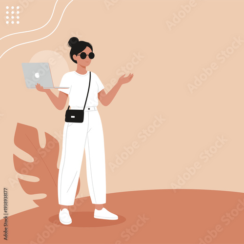 Stylish young woman holding laptop and wearing sunglasses, modern freelance lifestyle, digital nomad concept, casual fashion and remote work flat vector illustration