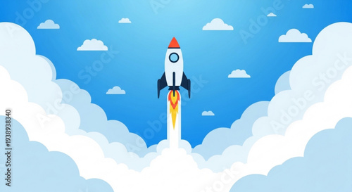 Rocket launching through clouds into bright blue sky