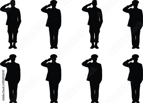 Collection of eight diverse black silhouette figures of soldiers in uniform saluting, isolated on a white background.