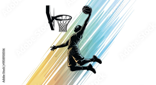 Dynamic basketball player dunking ball with motion lines