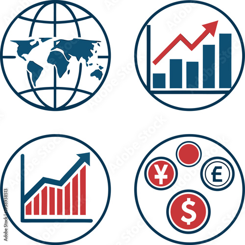 Four circular representing global economy and financial growth with map, rising bar chart