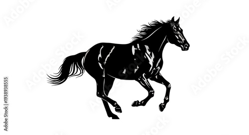 Majestic black horse running freely with flowing mane