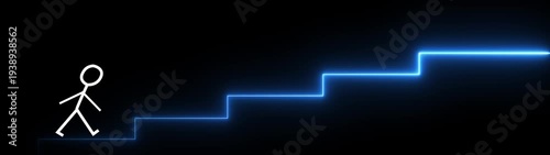 Strichmännchen mit Treppe, Erfolgsleiter, Neuanfang, Neubeginn, Fortschritt, Erfolg, Ziel. Motion graphics of step by step level concept