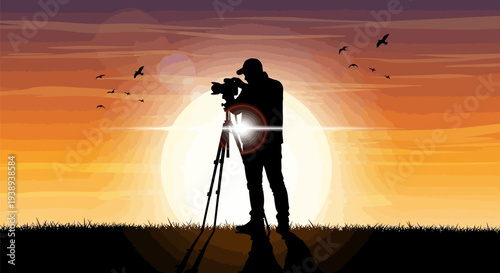 Photographer capturing stunning sunset with camera on tripod
