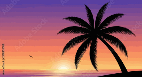 Serene tropical sunset with palm tree by calm ocean waters
