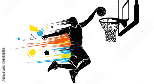 Dynamic basketball player dunking ball with motion graphics
