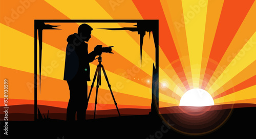 Silhouette of photographer capturing vibrant sunset with camera on tripod