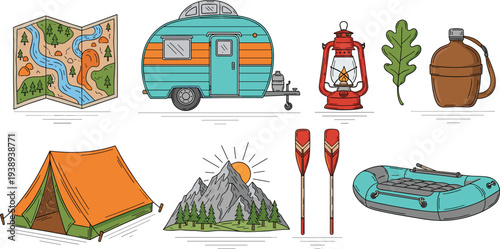 Camping adventure icons, outdoor gear illustration, nature exploration elements, travel equipment set, wilderness activity symbols, colorful camping collection