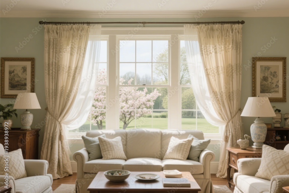 Fototapeta premium Cozy living room with large window, white sofa, and floral curtains overlooking a garden
