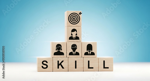 Strategic Skill Development and Career Progression Leading to Business Success and Personal Goal Achievement on a Blue Background