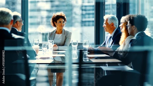 Professional business meeting with diverse group of executives.