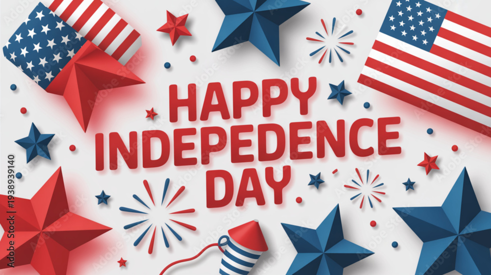 Obraz premium Happy independence day celebration with american flags stars and fireworks on white background