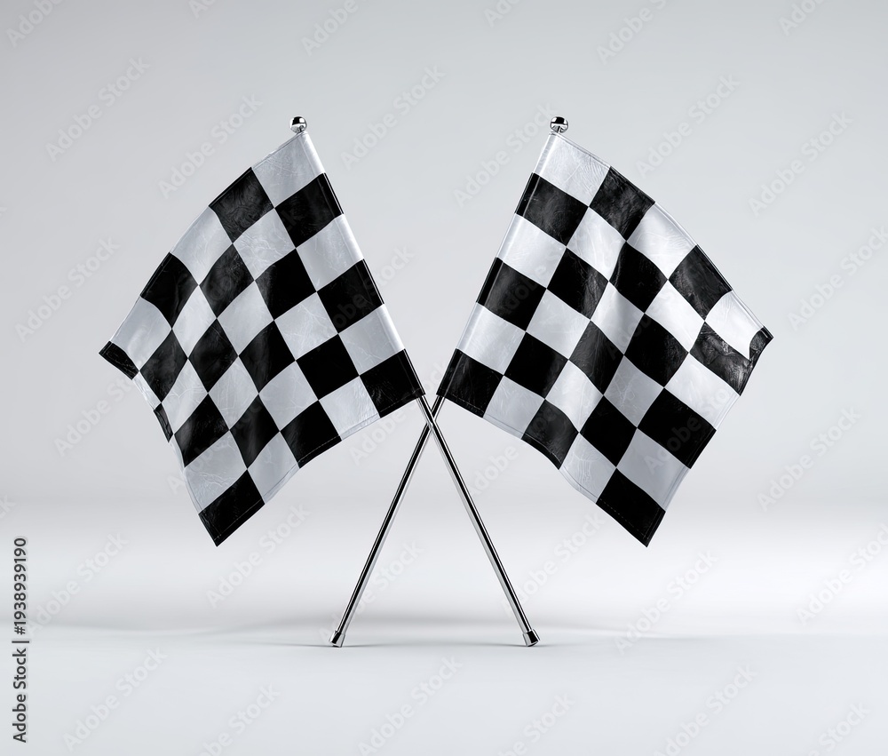Fototapeta premium Two checkered flags, crossed, against a gray background. Simple, clean, and classic