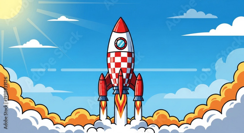Red and white rocket launching into bright blue sky