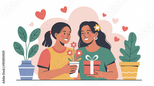 Two women exchanging gifts and flowers with hearts and plants around them on a pink background
