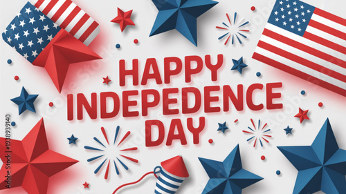 Happy independence day celebration with american flags stars and fireworks on white background