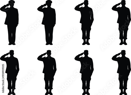 Eight distinct black silhouettes of soldiers in uniform performing a salute, conveying themes of military discipline, allegiance, and remembrance on a white backdrop.