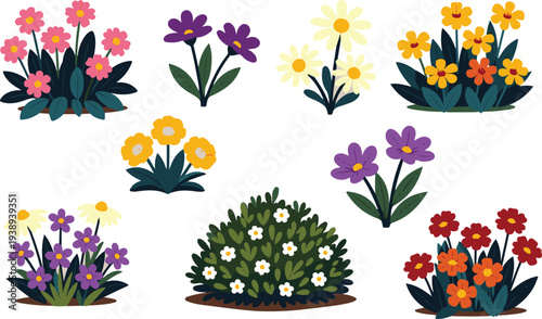 Set of flower bush collection. Cartoon flat style colorful flower bushes isolated vector illustration design elements