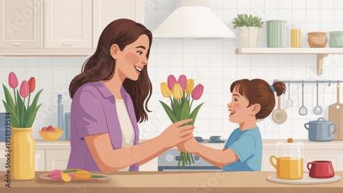 Mother and child exchanging colorful tulip bouquet in modern kitchen with white cabinets and warm atmosphere