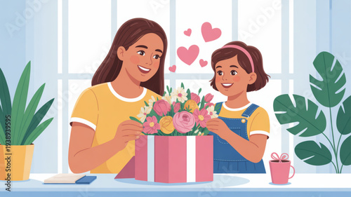 Mother and daughter preparing a pink gift box with flowers on a table by the window