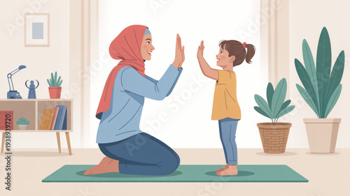 Woman wearing headscarf and little girl high five on yoga mat in living room with plants